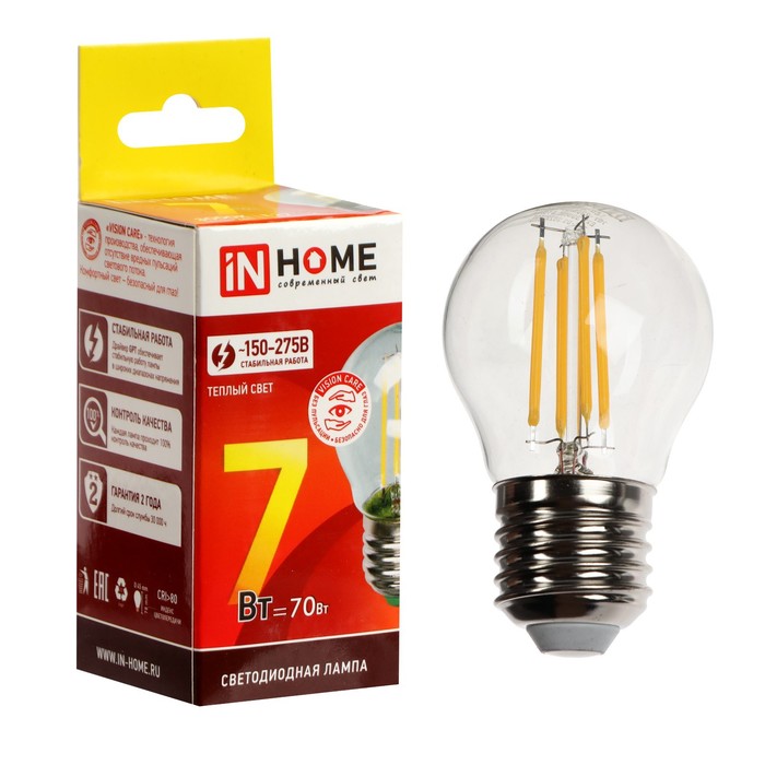 Лампа светодиодная IN HOME LED-ШАР-deco, 7 Вт, 230 В, Е27, 3000 К, 810 Лм, прозрачная
Лампа светодиодная IN HOME LED-ШАР-deco, 7 Вт, 230 В, Е27, 3000 К, 810 Лм, прозрачная