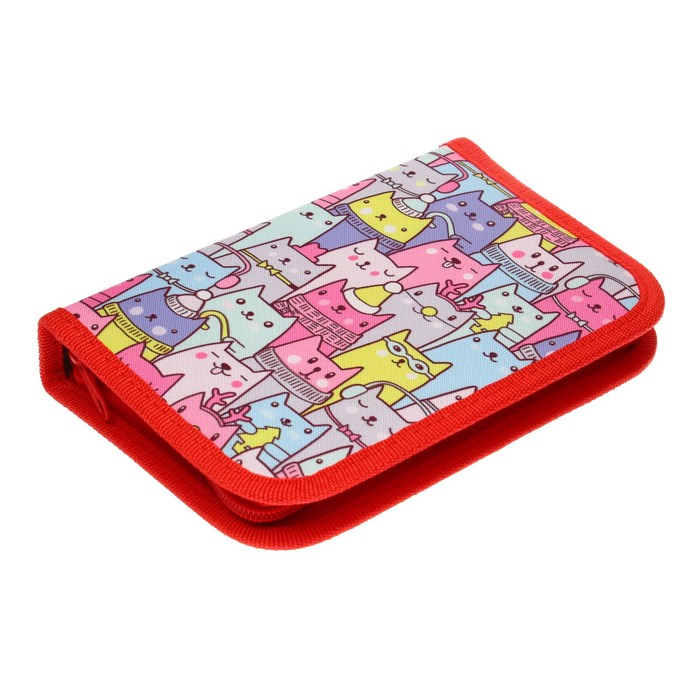 фото Пенал школьный на молнии, ткань, 1 секция, с наполнением, 13 х 19,5 см, котики calligrata