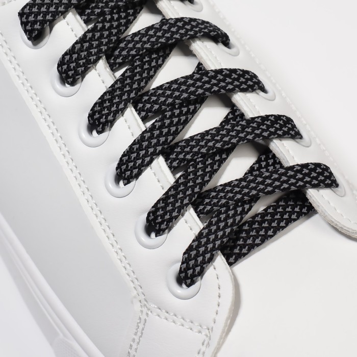 фото Шнурки для обуви, пара, плоские, со светоотражающим узором, 8 мм, 120 см, цвет чёрный onlitop