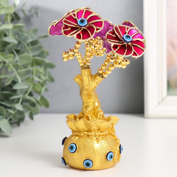 фото Сувенир от сглаза "цветущее дерево. денежный мешок" золото, розовый 11,5х5х17 см