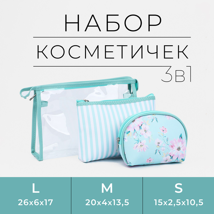 фото Набор косметичек 3 в 1 на молнии, цвет мятный
