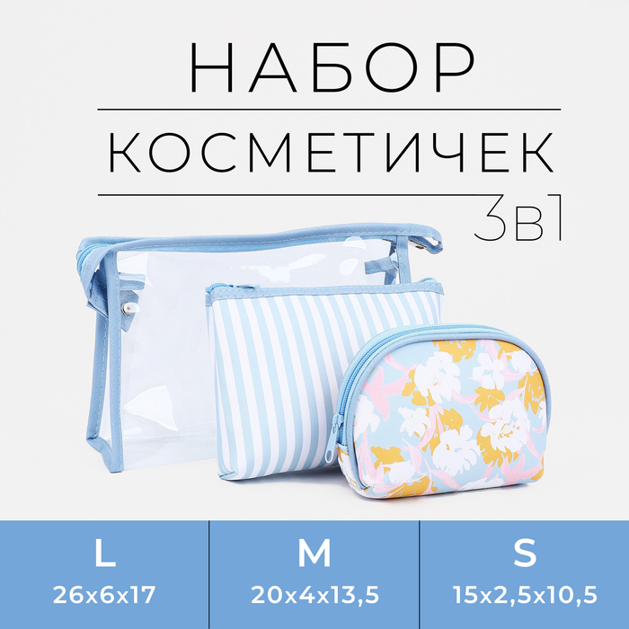 фото Набор косметичек 3 в 1 на молнии, цвет голубой
