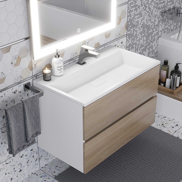 фото Тумба под раковину uperwood barsa 80 см, подвесная, белая/дуб сонома