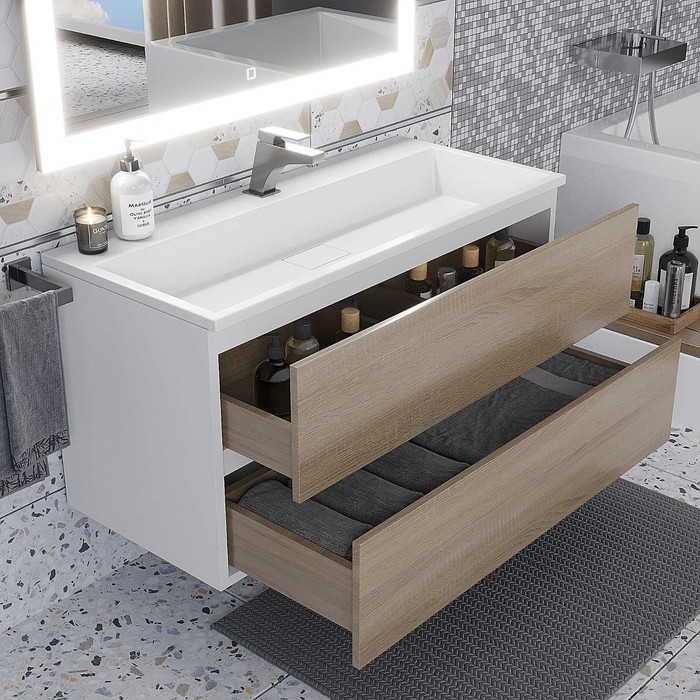 фото Тумба под раковину uperwood barsa 100 см, подвесная, белая/дуб сонома