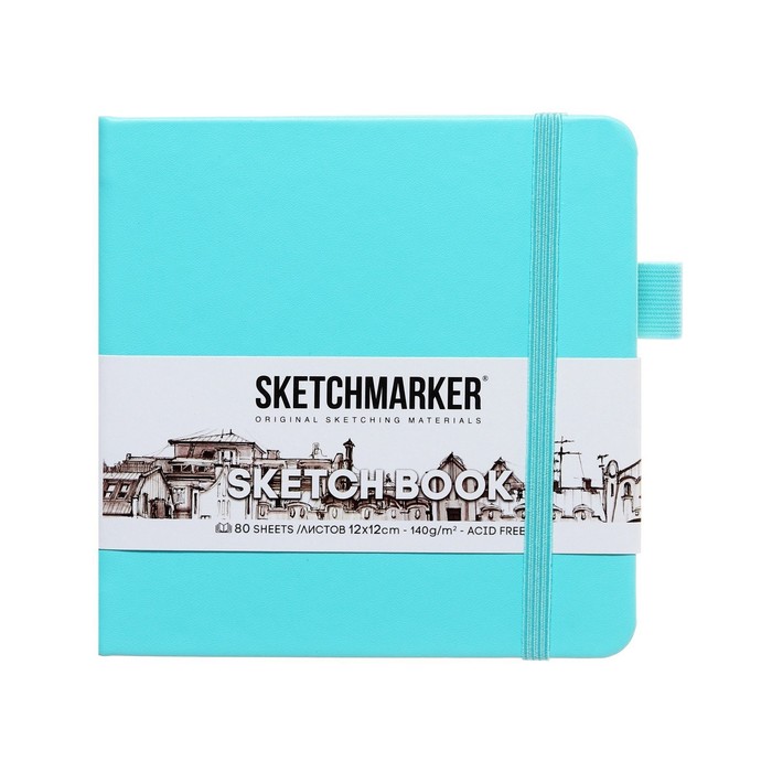 фото Скетчбук sketchmarker, 120 х 120 мм, 80 листов, твёрдая обложка из искусственной кожи, аквамарин, блок 140 г/м2