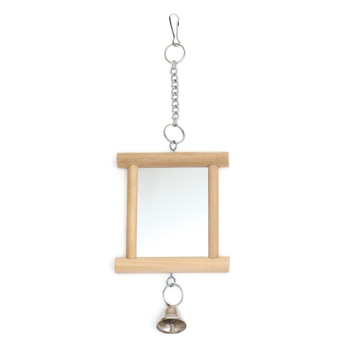 фото Игрушка - зеркало для птиц в деревянной раме с колокольчиком, 10 х 23 см пижон