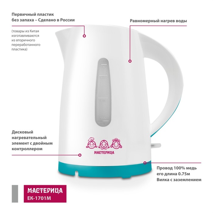 фото Чайник электрический «‎‎мастерица ек-1701m», пластик, 1.7 л, 1850 вт, цвет белый-бирюзовый