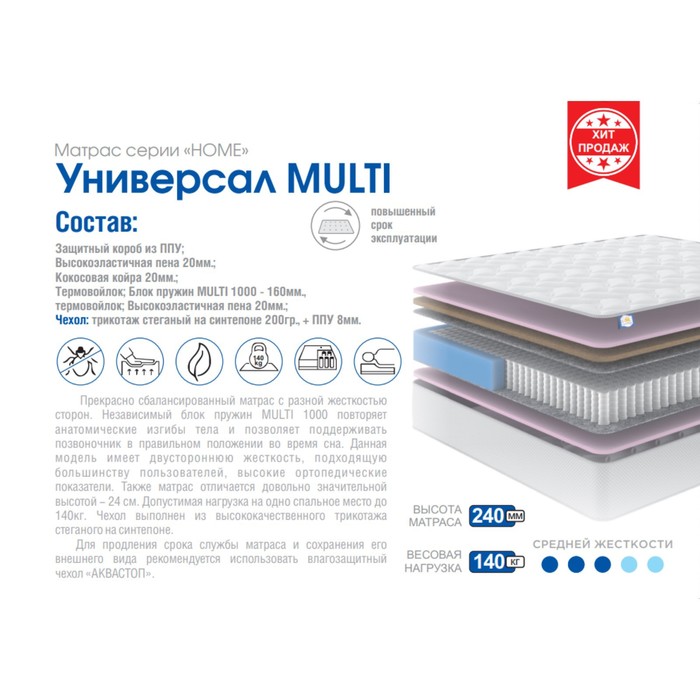 Матрас «Сонная сказка» Home «Универсал MULTI», 90х200 см, высота 24 см, чехол трикотаж
Матрас «Сонная сказка» Home «Универсал MULTI», 90х200 см, высота 24 см, чехол трикотаж