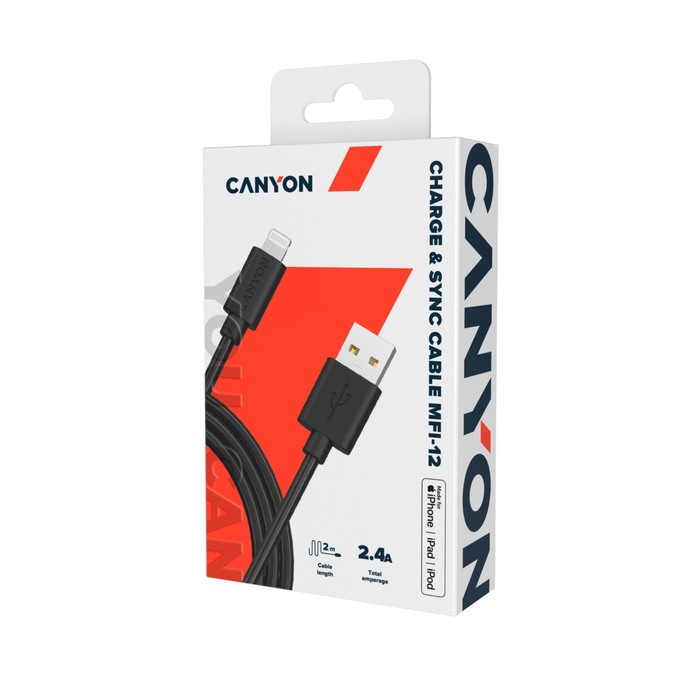 Кабель Canyon MFI-12, Lighting - USB, 2.4 А, чип MFI, сертифицирован Apple, 2 м, черный
Кабель Canyon MFI-12, Lighting - USB, 2.4 А, чип MFI, сертифицирован Apple, 2 м, черный