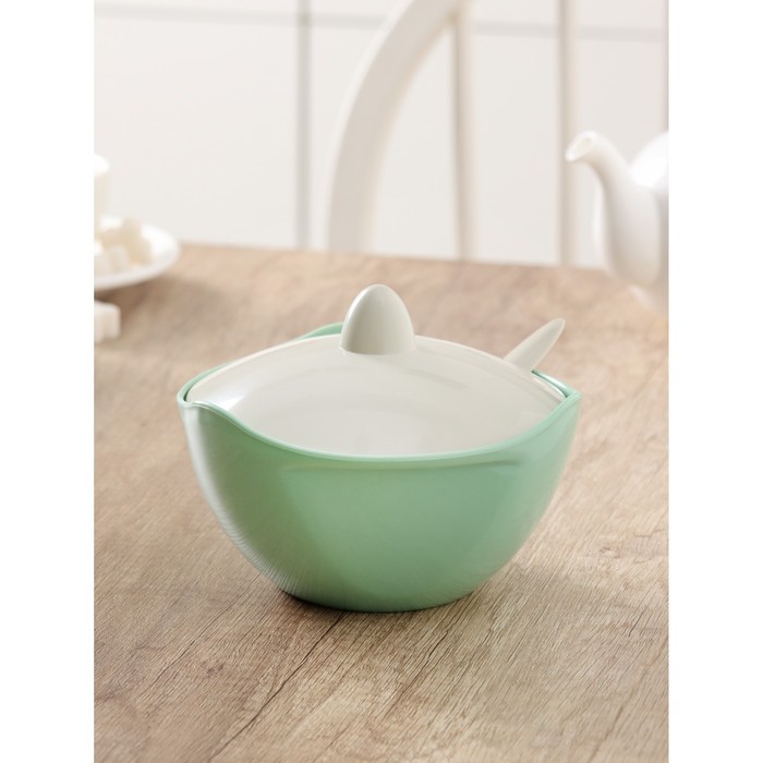 фото Сахарница с крышкой и ложкой, d=13,5 см, h=6,5 см, цвет оливковый/серо-бежевый