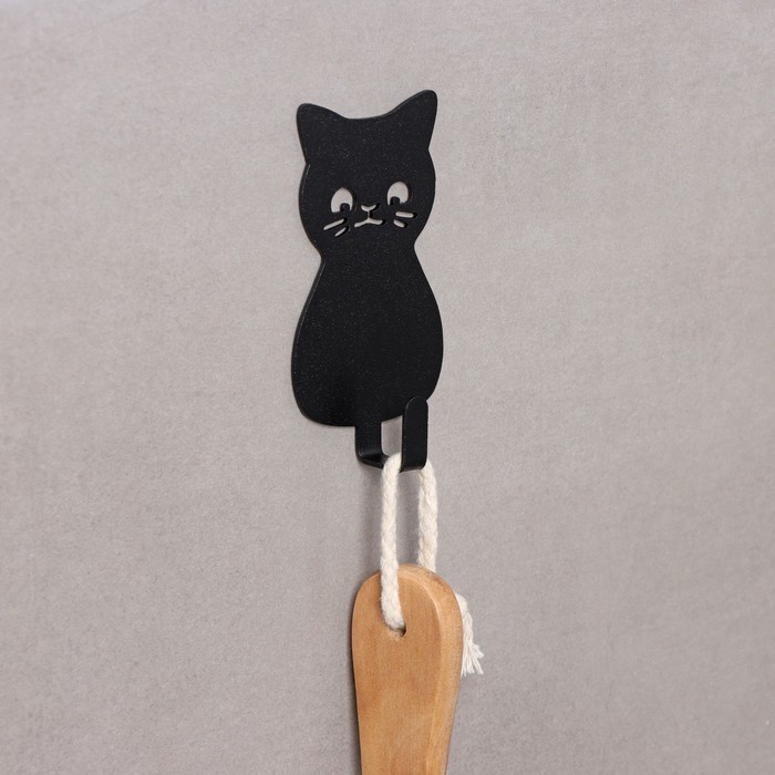 фото Крючок настенный самоклеящийся кот, 10×5,5×2 см, цвет черный