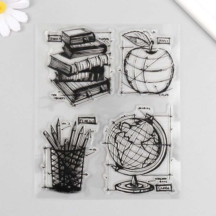 фото Штамп для творчества силикон "глобус, книги, карандашница и яблоко" 16х14 см