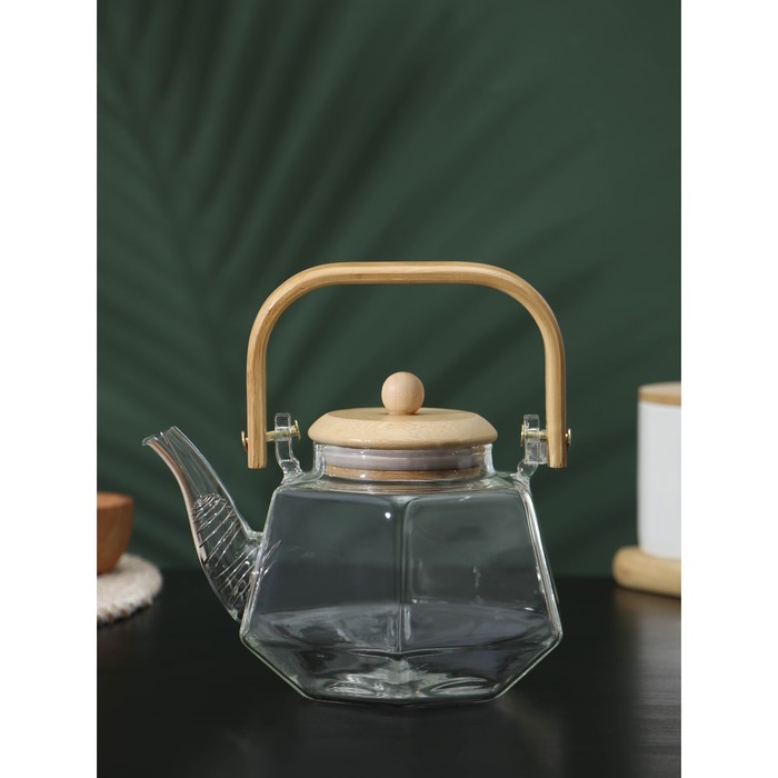 фото Чайник стеклянный заварочный с бамбуковой крышкой и металлическим фильтром bellatenero «октогон», 800 мл