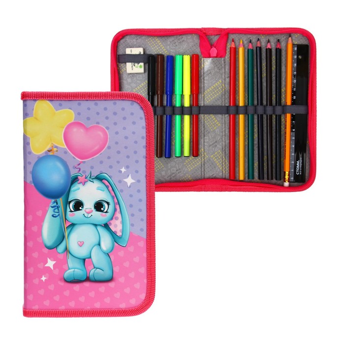 фото Пенал 1 секция, 115 х 205 мм, с наполнением 16 предметов, calligrata "зайка" ламинированный картон, 30п26/set