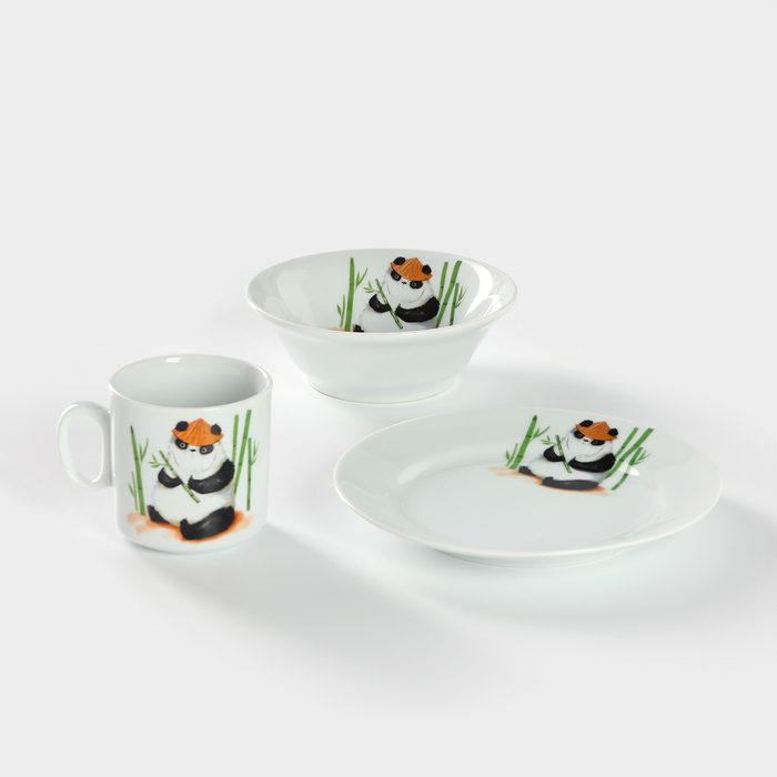 фото Набор детской фарфоровой посуды «панда», 3 предмета: кружка 200 мл, миска 350 мл, тарелка d=17 см добрушский фарфоровый завод