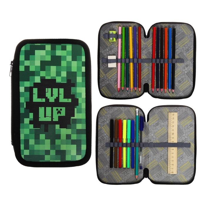 фото Пенал 2 секции, 125 х 205 мм, с наполнением 23 предмета, calligrata "пиксели" ламинированный картон, 30п26/2/set