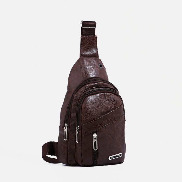 фото Сумка слинг мужская, искусственная кожа, отверстие для наушников, цвет коричневый