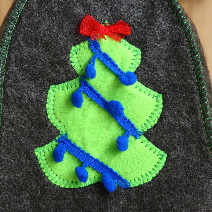 фото Шапка для бани " новогодняя ель и синие бусы", серая