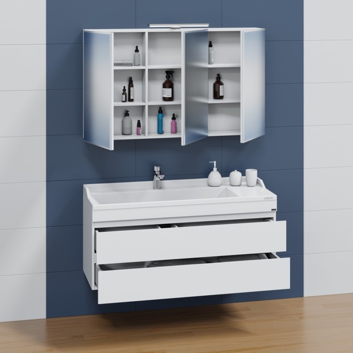 фото Тумба санта «марс 120» 2 ящика, подвесная, белый с раковиной sirius 120