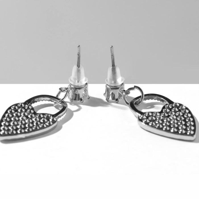 фото Серьги со стразами "сердца" замки, цвет белый в серебре queen fair