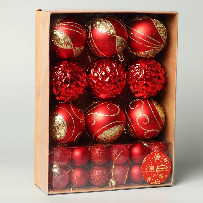 фото Набор шаров пластик d-2,5 и 5,5 см, 33 шт "хоровод" красный зимнее волшебство