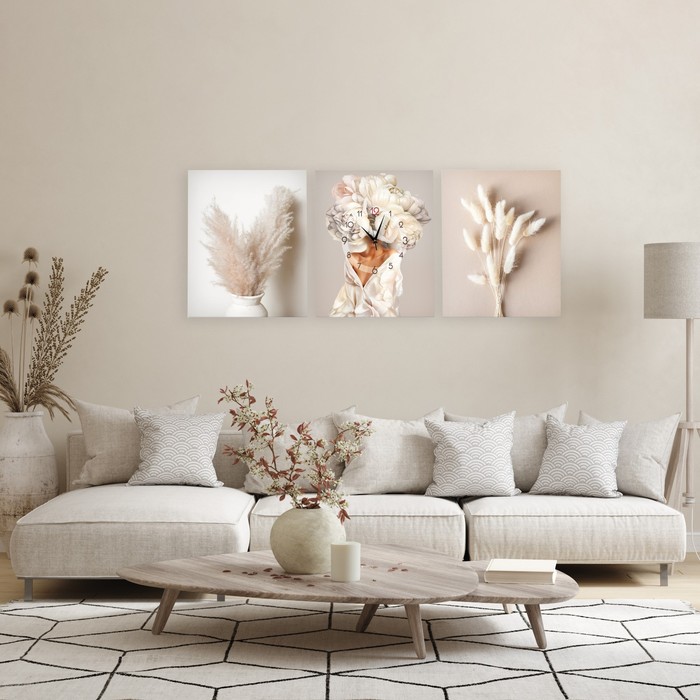 фото Часы-картина настенные модульные, триптих "сухоцветы", плавный ход, 3 шт 48х39 см timebox