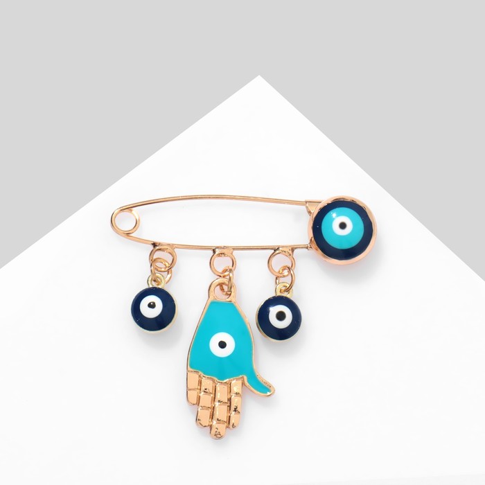 фото Булавка-оберег "мир, надежда, любовь", 3 подвески, рука хамса, 3,5см, цветная в золоте queen fair