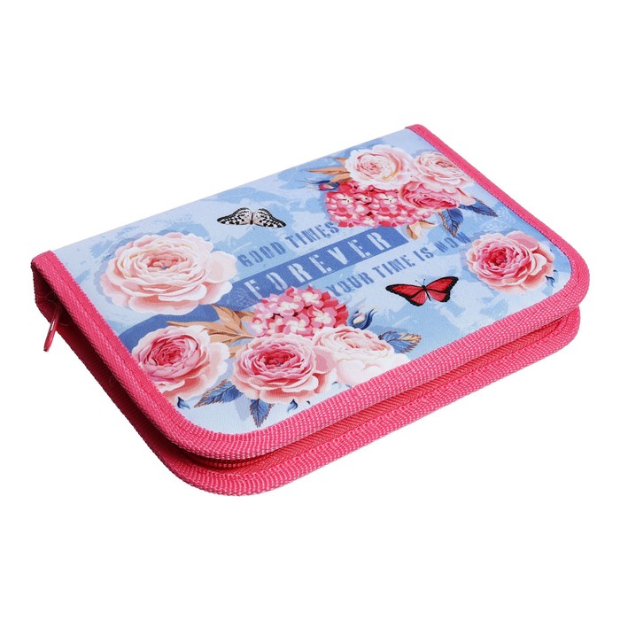 фото Пенал 1 секция, 130 х 190 х 30 мм, текстильный, пкт 04-20 "пионовые розы" 70631 оникс