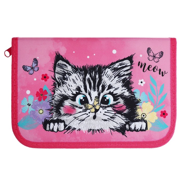 фото Пенал 1 секция, 135 х 212 х 26 мм, текстильный, пкт 04-20 мах, "котёнок в цветочках" 70640 оникс