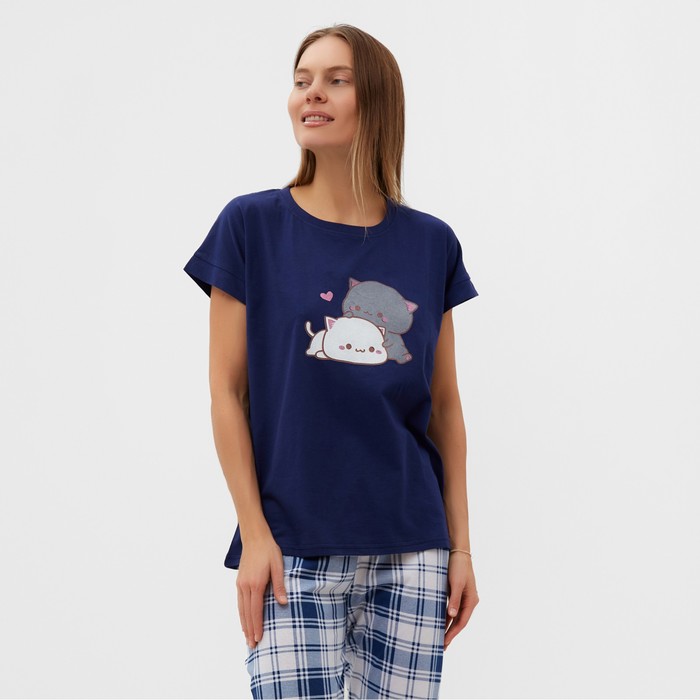 фото Комплект домашний женский "котята" (футболка/брюки), цвет синий/бежевый, размер 52 comfort