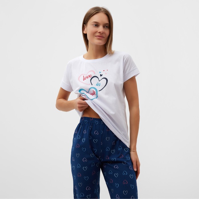 фото Комплект домашний женский "сердечки" (футболка/брюки), цвет белый/синий, размер 50 comfort