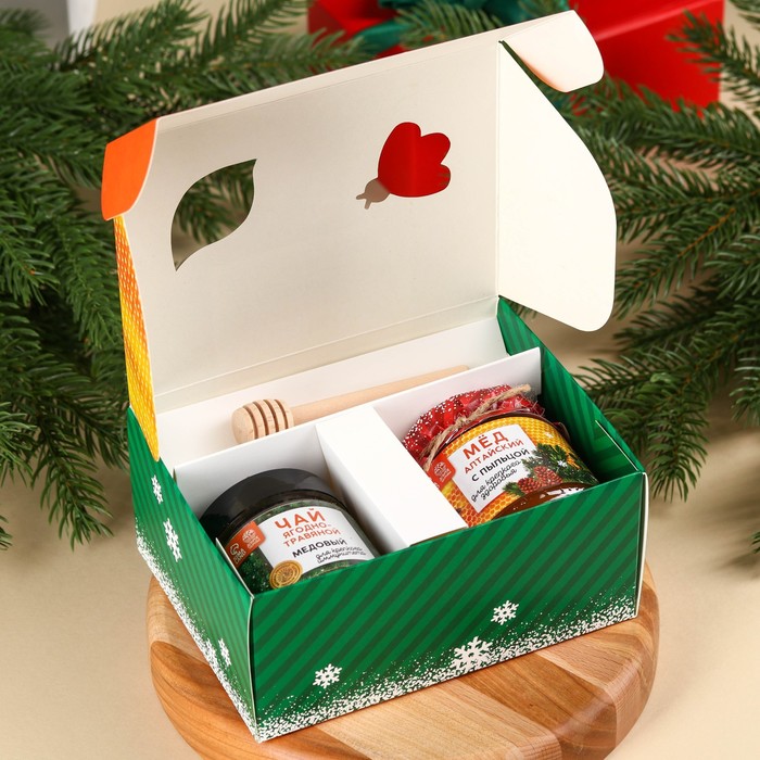 фото Подарочный набор «крепкого иммунитета»: алтайский мёд с пыльцой 240 г., ягодно-травяной чай 50 г., ложка для мёда доброе здоровье