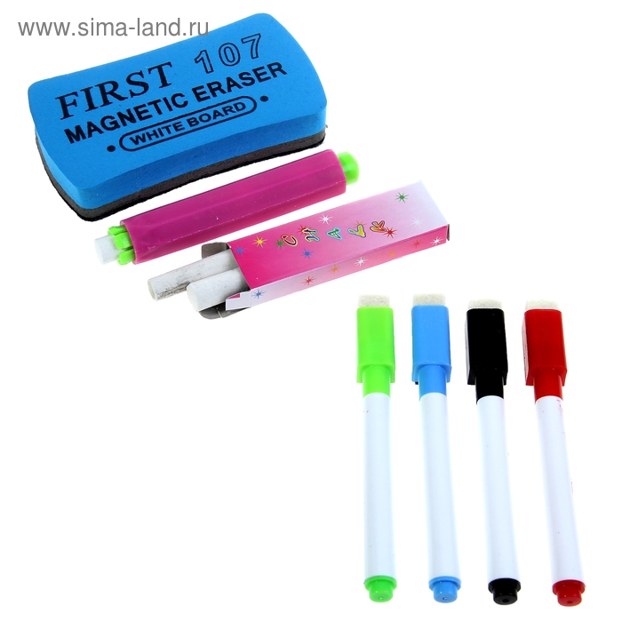 фото Маркеры цветные на водной основе со стиралкой 4 шт, мел 2 шт, держатель для мела, стиралка