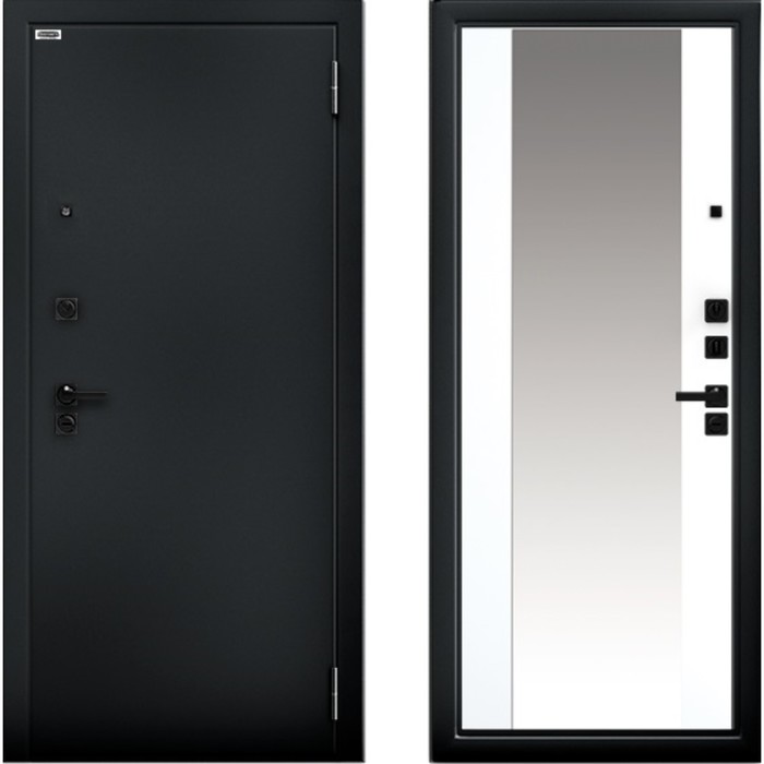 фото Входная дверь «ультра вояж букле», 970×2060 мм, левая, зеркало, чёрный / эмалит арктик берлога