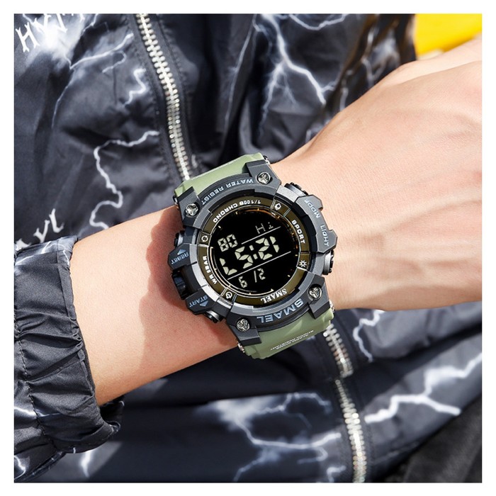 фото Часы наручные электронные, с будильником, d-5.9 см, ремешок l-26 см, 5 atm, зеленый ремешок 974232