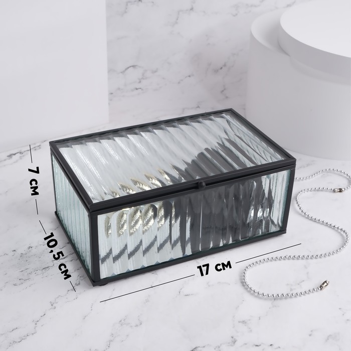фото Органайзер для хранения «ribbed», 1 секция, с крышкой, стеклянный, с зеркальным основанием, 17 × 10,5 см, цвет прозрачный/чёрный queen fair