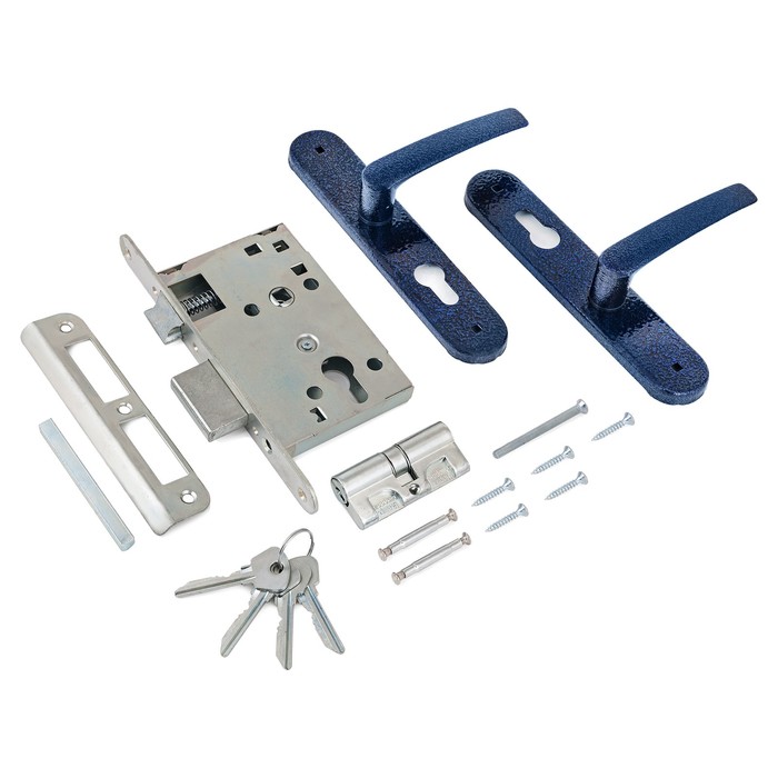фото Замок врезной птимаш зв4-3.08, с ручками, цвет синий муар