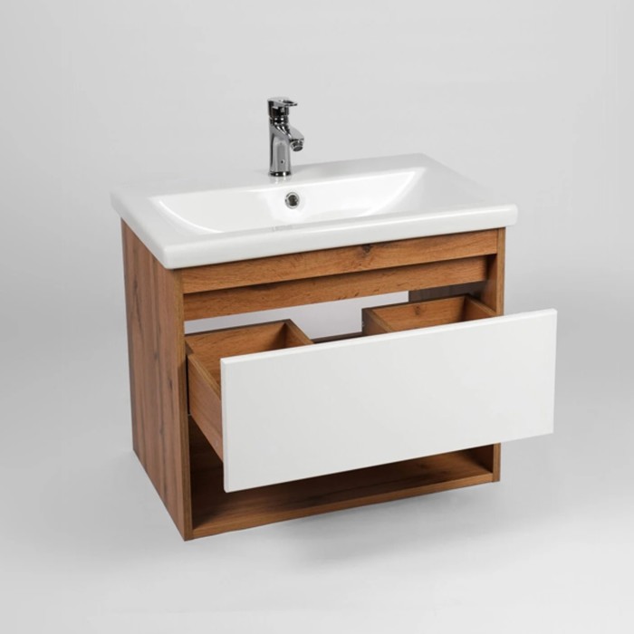 фото Тумба viant «бостон» 1 ящик, подвесная, 430х560х500 мм, дуб вотан/белый, с раковиной como 60 10248