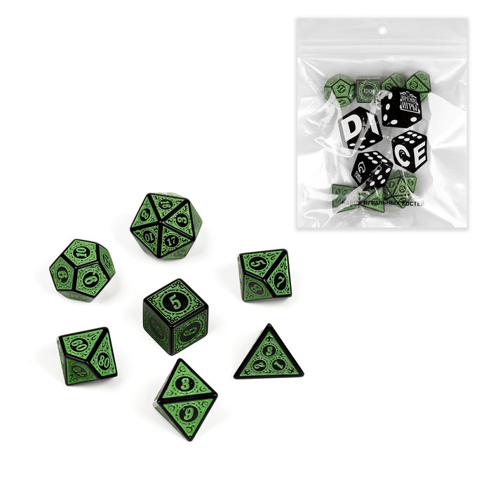 Набор кубиков для D&D (Dungeons and Dragons, ДнД) "Время игры", серия: D&D, 7 шт, зеленые
Набор кубиков для D&D (Dungeons and Dragons, ДнД) "Время игры", серия: D&D, 7 шт, зеленые