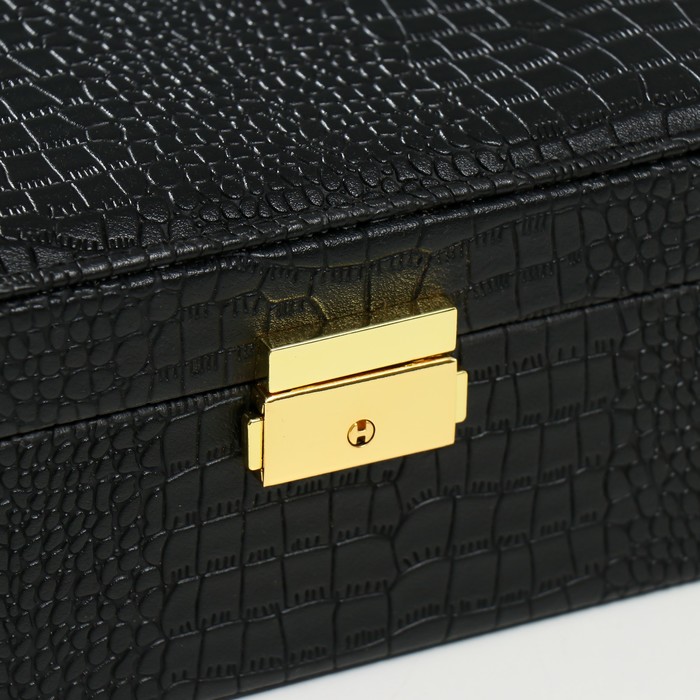 фото Шкатулка кожзам под часы 2 отделения и бижутерию "кожа крокодила" чёрная 26х26,5х10 см