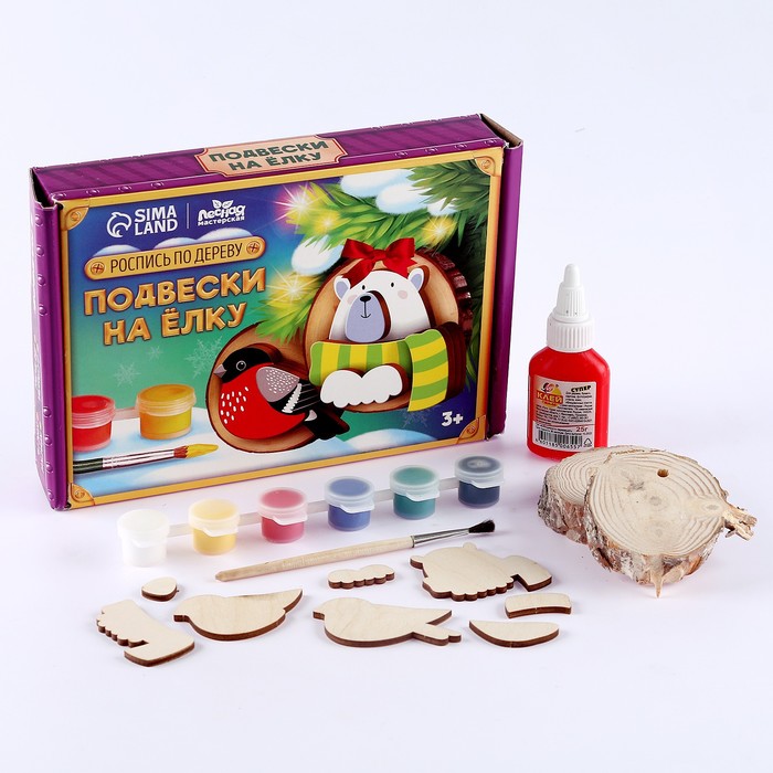 фото Роспись по дереву. подвески на ёлку «мишка и снегирь» лесная мастерская