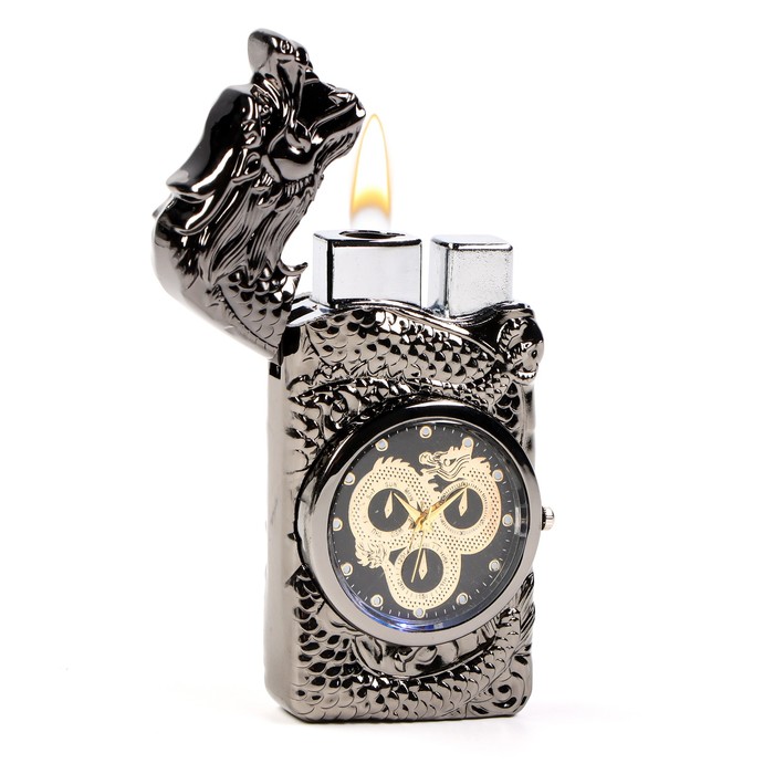 фото Зажигалка газовая с часами "дракон", пьезо, черная