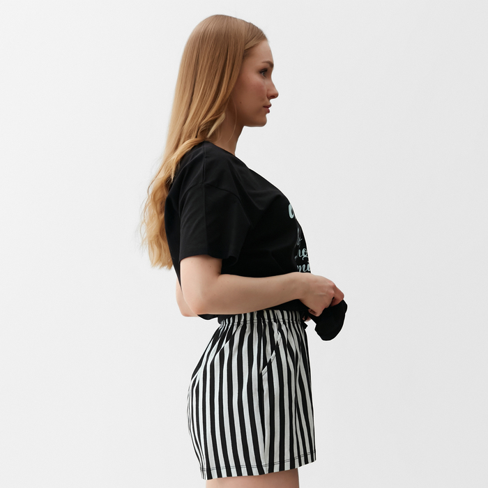 фото Комплект женский домашний (футболка,шорты), цвет черно-мятная полоска, р-р 42 ohana market