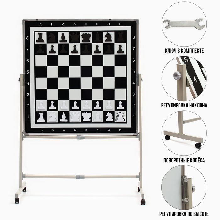 фото Доска двусторонняя 1х1 м, шахматная и магнитно-маркерная, поворотная на мобильном стенде мастер к