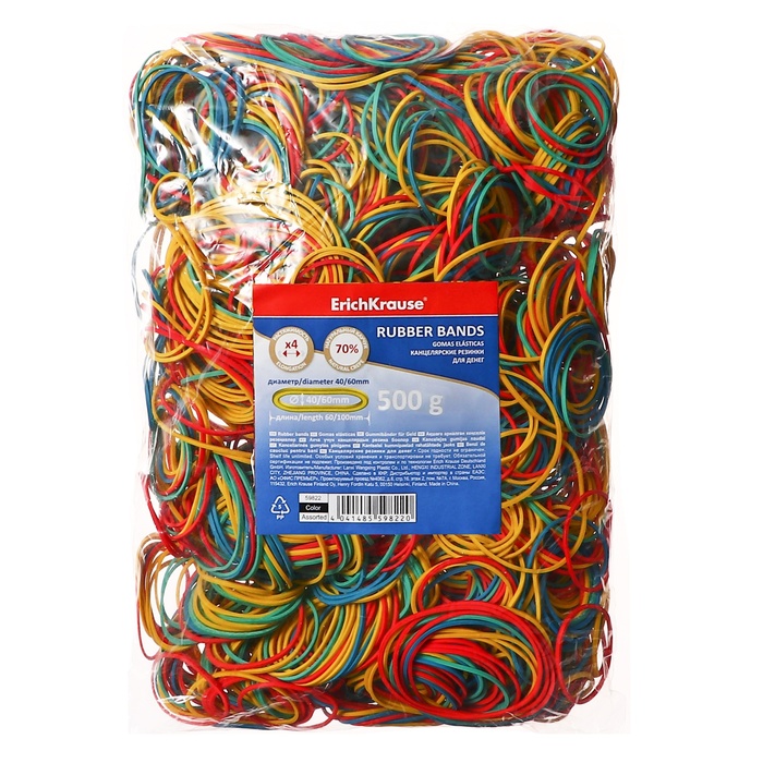 фото Банковская резинка, 500 г, erichkrause, диаметр 40/60 мм, длина 60/100 мм, микс, в пакете