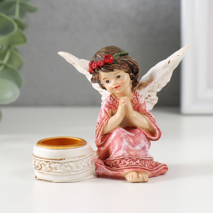 фото Подсвечник полистоун на 1 свечу "ангел в платье с венком" d-2,2 см микс 7,2х8,7х5,5 см