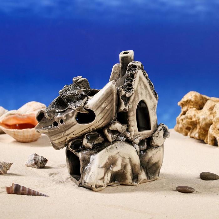 фото Декорация для аквариума "лодка с домом на скале", микс керамика ручной работы