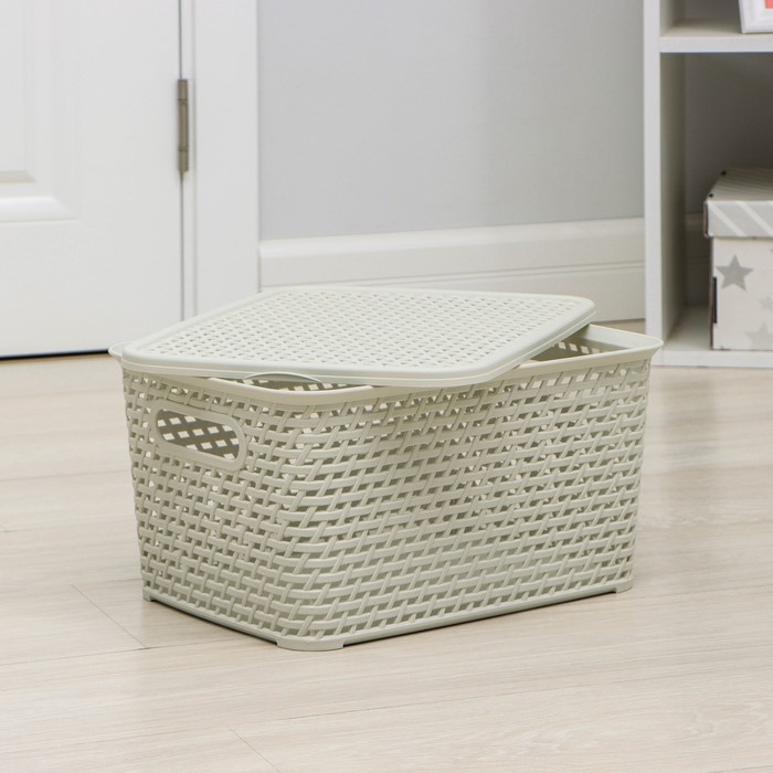 фото Ящик для хранения с крышкой «ротанг», 13 л, 37×28×19 см, цвет белый idea