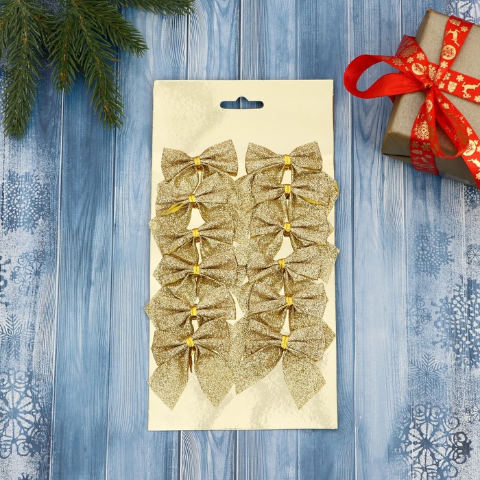 фото Украшение ёлочное "бантик с блеском" (набор 12 шт) 4,5х5,5 см, золото зимнее волшебство