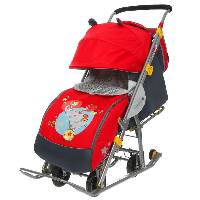 фото Санки-коляска «ника детям 7 - девочка и слон» с выдвижными колёсами, цвет красный nika kids